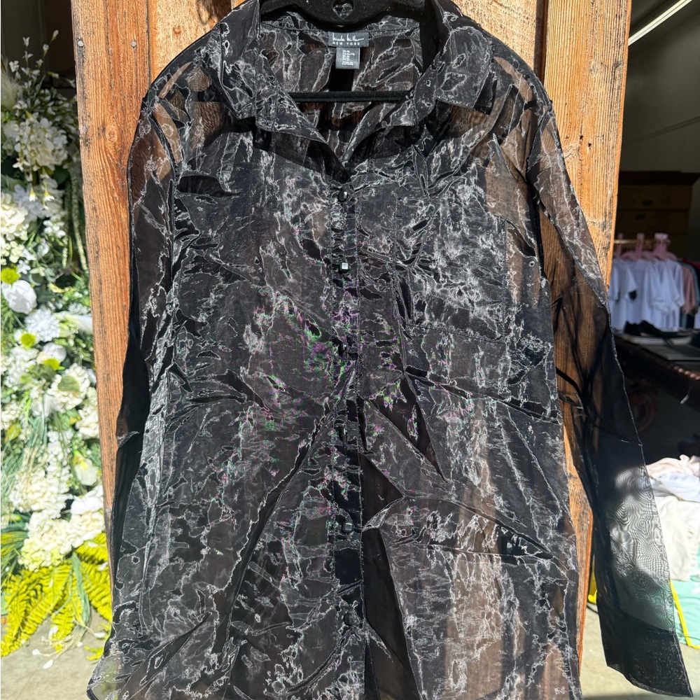 Nicole Miller Black and Gray Sheer Blouse